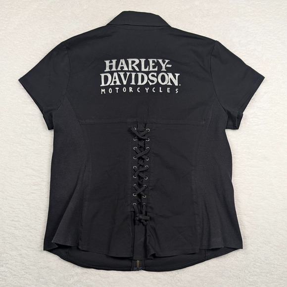 Harley-Davidson Tops - Harley Davidson Womens XL Black Full Zip Lace Up Back Skull Top Biker Spellout